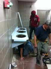 industrial washroom; Sink installation Tiling wasroom shower,  washroom floor