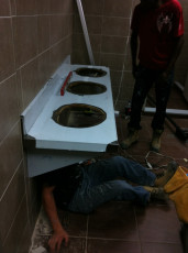 industrial washroom; Sink installation Tiling wasroom shower,  washroom floor